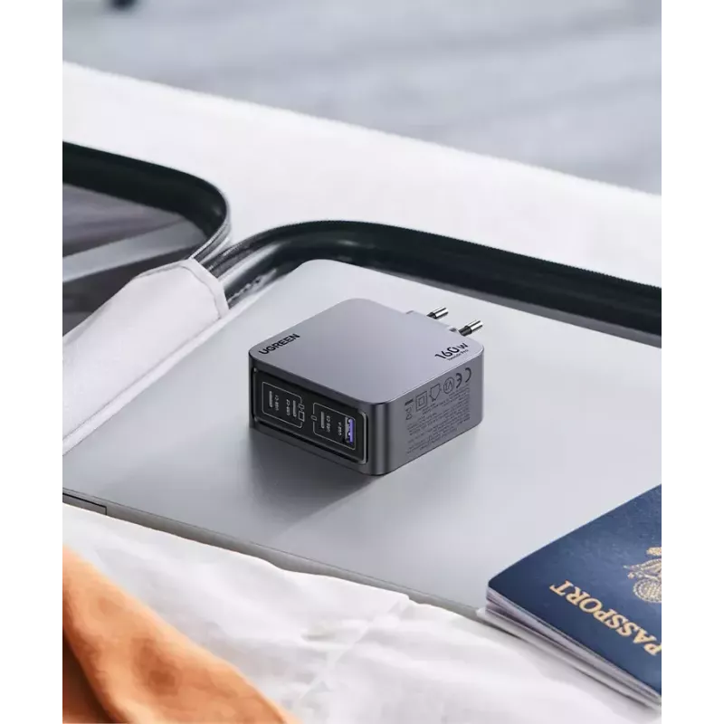 Ugreen Nexode Pro 160W GaN oplader met USB-C-kabel universeel zwart, grijs AC snelladen binnen