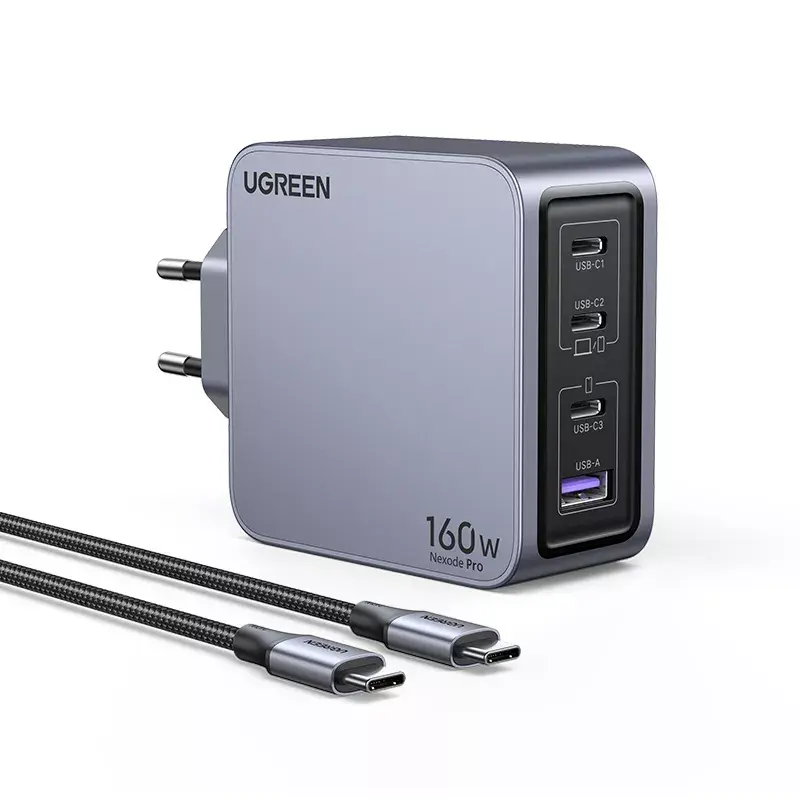 Ugreen Nexode Pro 160W GaN oplader met USB-C-kabel universeel zwart, grijs AC snelladen binnen