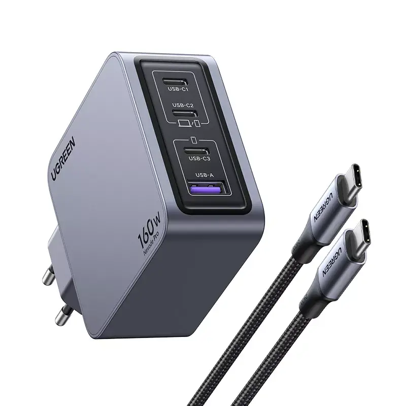 Ugreen Nexode Pro 160W GaN oplader met USB-C-kabel universeel zwart, grijs AC snelladen binnen