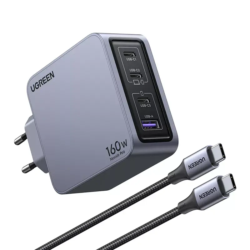 Ugreen Nexode Pro 160W GaN oplader met USB-C-kabel universeel zwart, grijs AC snelladen binnen