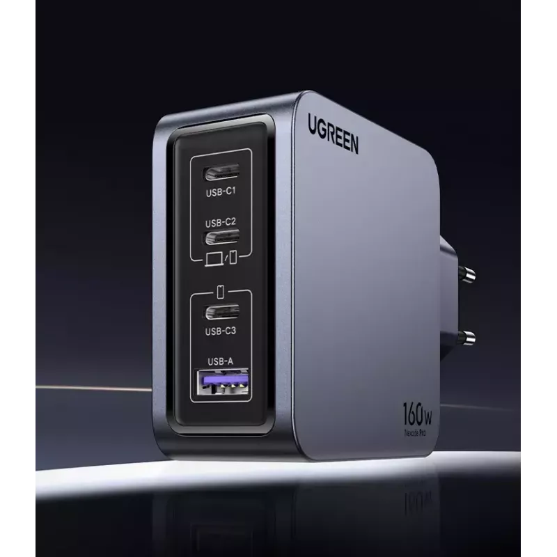 Ugreen Nexode Pro 160W GaN oplader met USB-C-kabel universeel zwart, grijs AC snelladen binnen