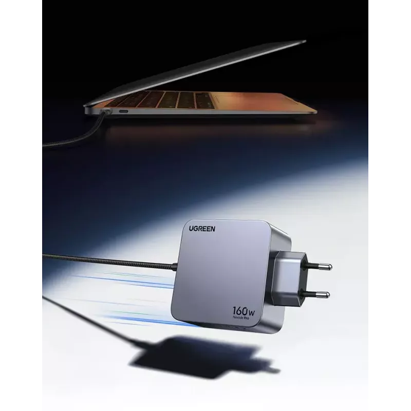 Ugreen Nexode Pro 160W GaN oplader met USB-C-kabel universeel zwart, grijs AC snelladen binnen