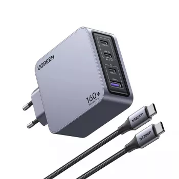 Ugreen Nexode Pro 160W GaN oplader met USB-C-kabel universeel zwart, grijs AC snelladen binnen