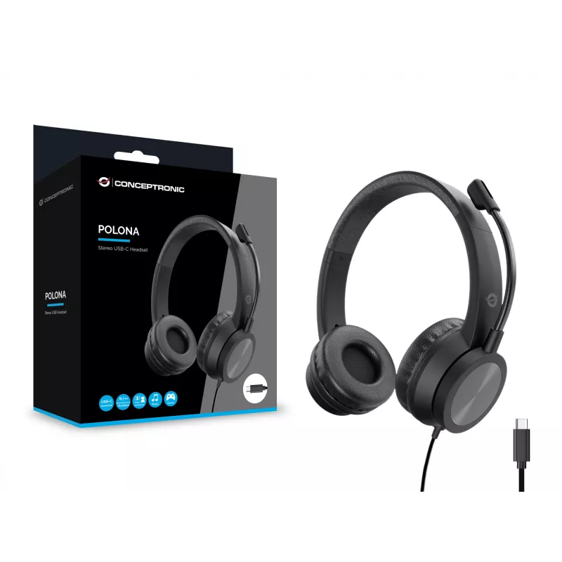 Headset CONCEPTRONIC POLONA05BC — stereo USB-C, ruisonderdrukkende microfoon, oorliggend, 2 m kabel, 20–22000 Hz, zwart