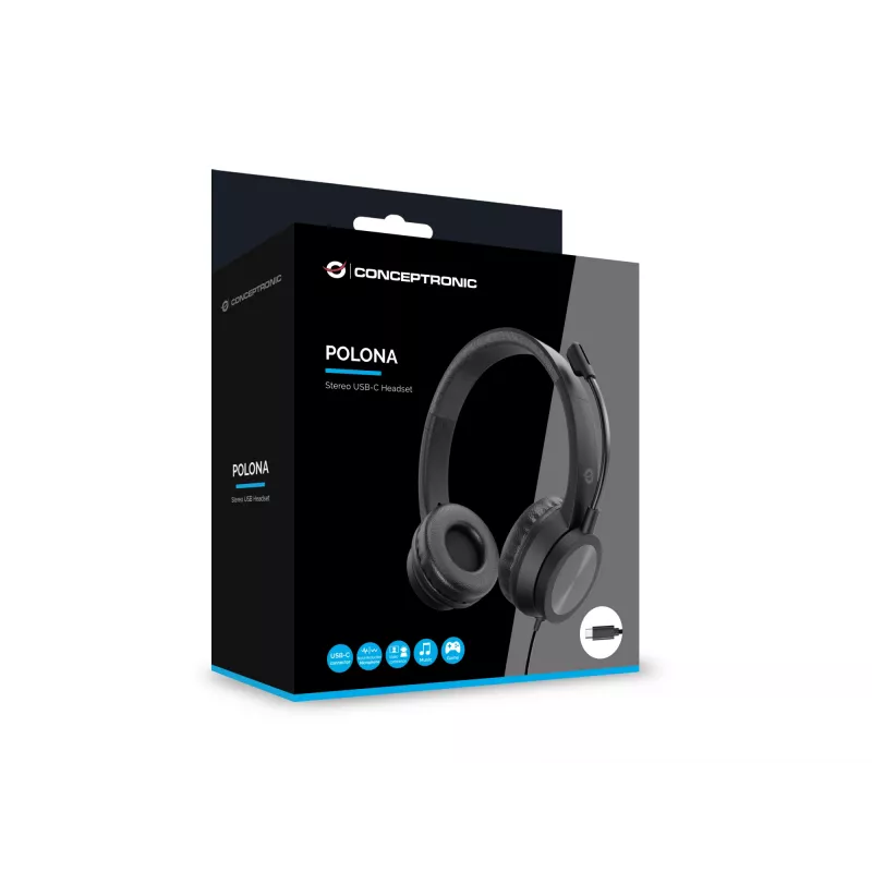 Headset CONCEPTRONIC POLONA05BC — stereo USB-C, ruisonderdrukkende microfoon, oorliggend, 2 m kabel, 20–22000 Hz, zwart