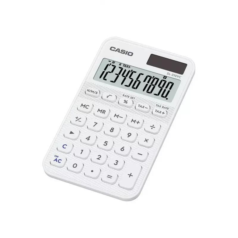 Zakrekenmachine CASIO SL-310YC Pocket Basic, 10-cijferig, batterij/zonne-energie, wit