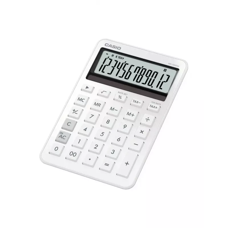 Bureaurekenmachine CASIO MS-200DQ 12-cijferig, batterij/zonne-energie, belasting- en winstfuncties, wit