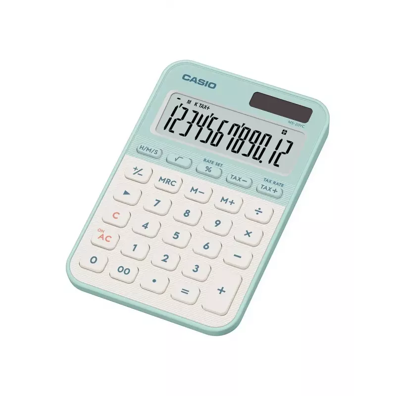 Bureaurekenmachine CASIO MS-20YC — Basic 12-cijferig, batterij/zonne-energie, belasting- en winstfuncties, lichtgroen