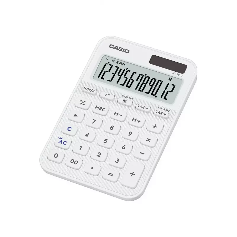 Bureaurekenmachine CASIO MS-20YC — 12-cijferig, batterij/zonne-energie, belasting- en winstfuncties, wit