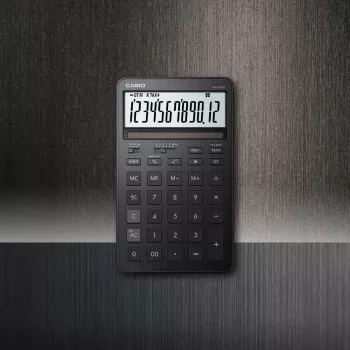 Bureaurekenmachine CASIO JW-200DQ – Basic, 12-cijferig, belasting- en winstfuncties, batterij/zonne-energie, zwart