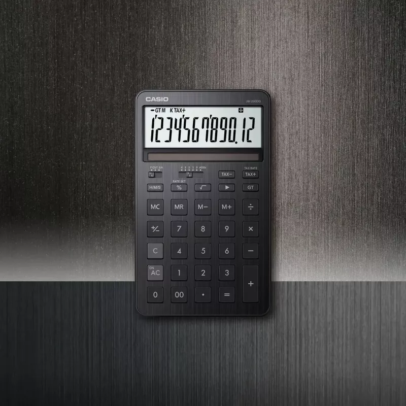 Bureaurekenmachine CASIO JW-200DQ – Basic, 12-cijferig, belasting- en winstfuncties, batterij/zonne-energie, zwart