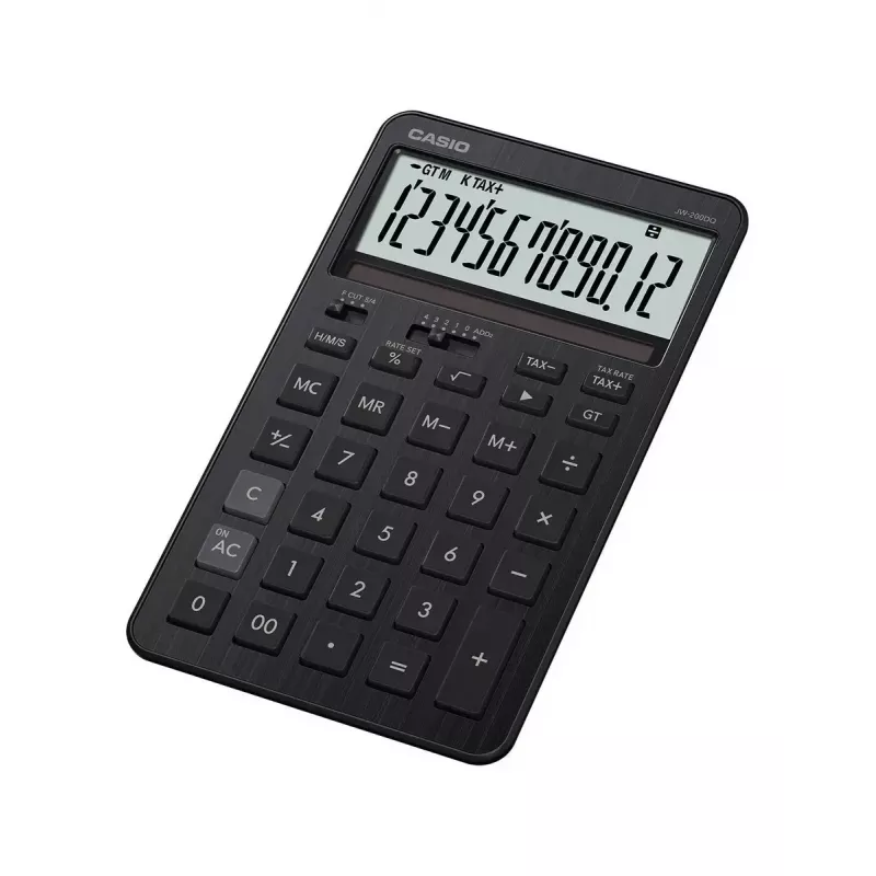 Bureaurekenmachine CASIO JW-200DQ – Basic, 12-cijferig, belasting- en winstfuncties, batterij/zonne-energie, zwart