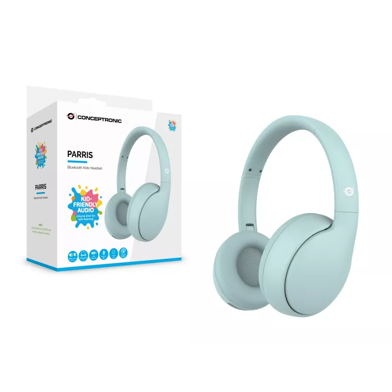Headset CONCEPTRONIC PARRIS04B — Bluetooth- & kabel-kinderkoptelefoon, omsluitend, 20–20.000 Hz, 170 g, lichtblauw