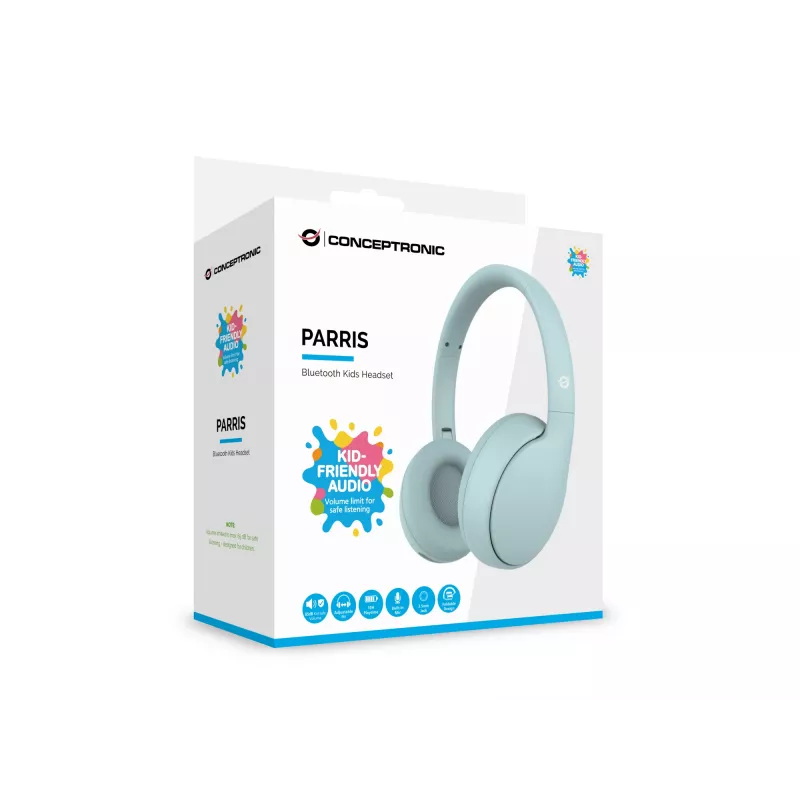 Headset CONCEPTRONIC PARRIS04B — Bluetooth- & kabel-kinderkoptelefoon, omsluitend, 20–20.000 Hz, 170 g, lichtblauw