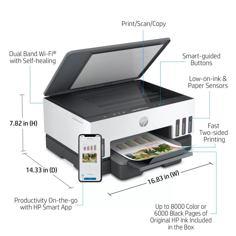 HP Smart Tank printer, thermische inkjet, kleurendruk, 4800 x 1200 DPI, A4, direct printen, grijs
