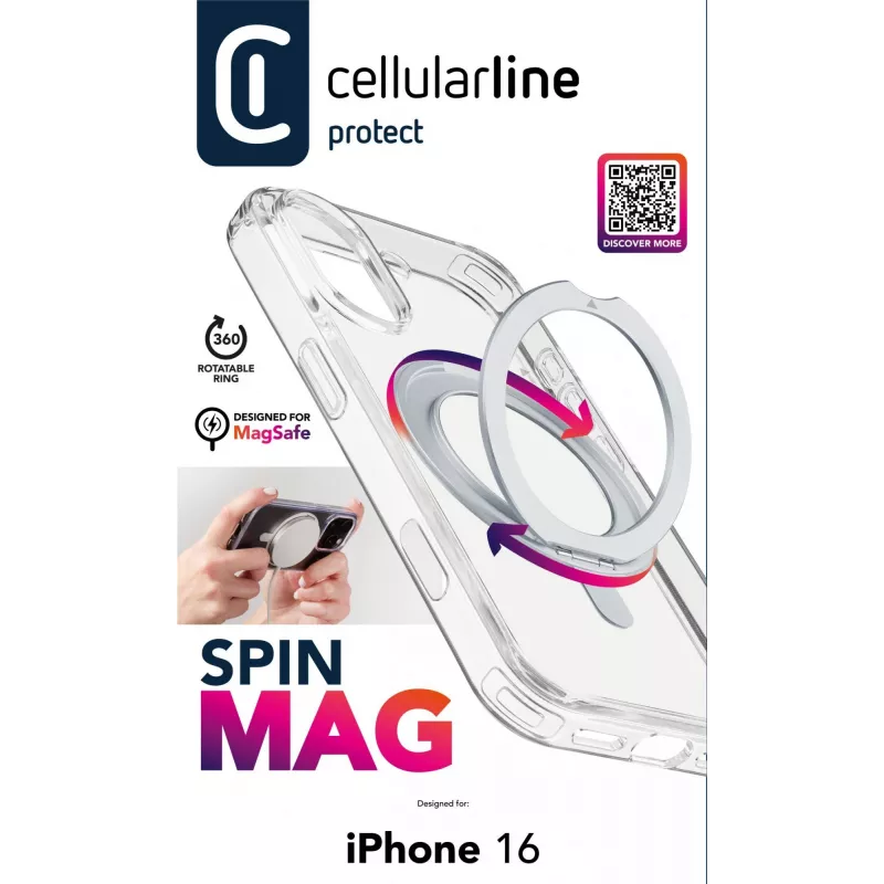 Cellularline Spin Mag - iPhone 16 hoesje met draaibare ringhouder, compatibel met MagSafe-ecosysteem