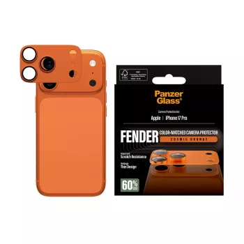 Camerabescherming PanzerGlass Fender voor iPhone 17 Pro — siliconen, Cosmic Orange, kras- en stootvast