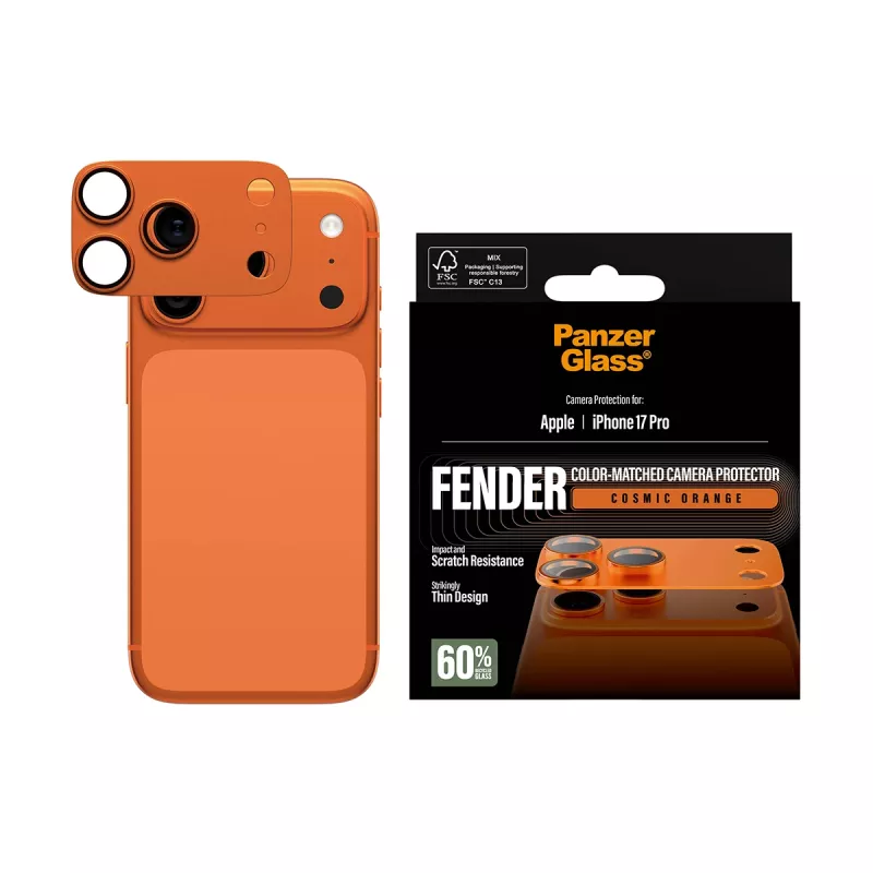 Camerabescherming PanzerGlass Fender voor iPhone 17 Pro — siliconen, Cosmic Orange, kras- en stootvast