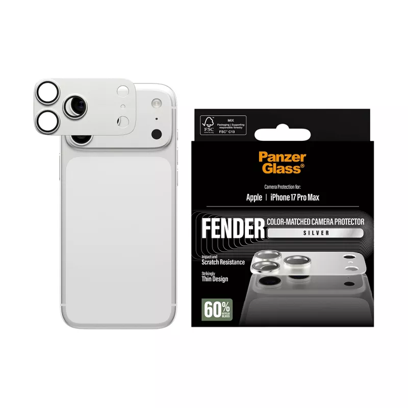 PanzerGlass Fender camerabescherming voor iPhone 17 Pro Max — siliconen, zilver, kras- en stootvast