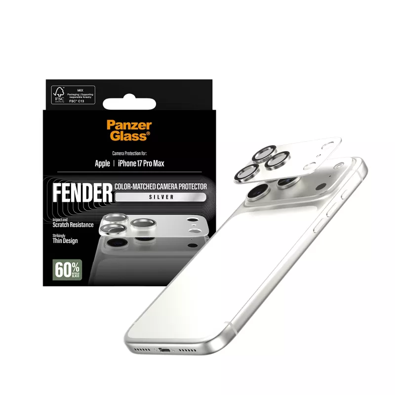 PanzerGlass Fender camerabescherming voor iPhone 17 Pro Max — siliconen, zilver, kras- en stootvast