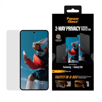 Schermbescherming PanzerGlass 2-Way Privacy voor Samsung New Galaxy S 2026, Ultra-Wide Fit, PET + silicone, kras- en stootvast