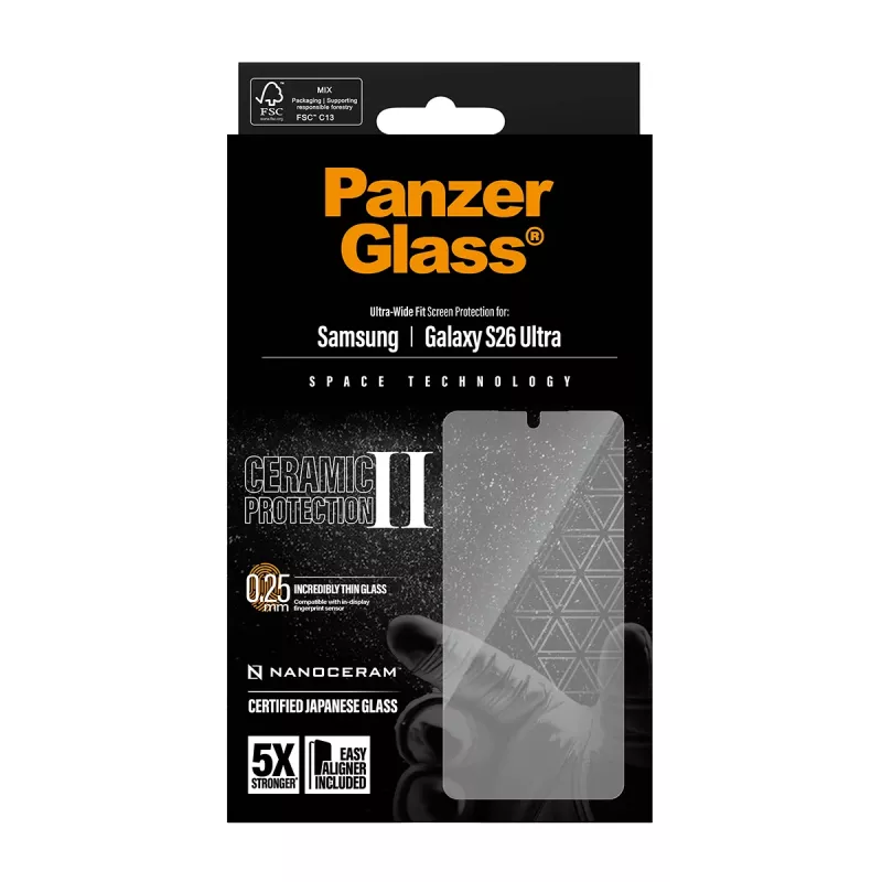 Schermbescherming PanzerGlass Ceramic voor Samsung Galaxy S26 Ultra — gehard glas, Ultra-Wide Fit, EasyAligner, transparant