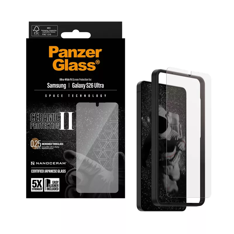 Schermbescherming PanzerGlass Ceramic voor Samsung Galaxy S26 Ultra — gehard glas, Ultra-Wide Fit, EasyAligner, transparant