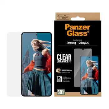 Transparante PanzerGlass schermbeschermfolie voor Samsung Galaxy S26 – Ultra-Wide Fit, PET + silicone, droge aanbrenging
