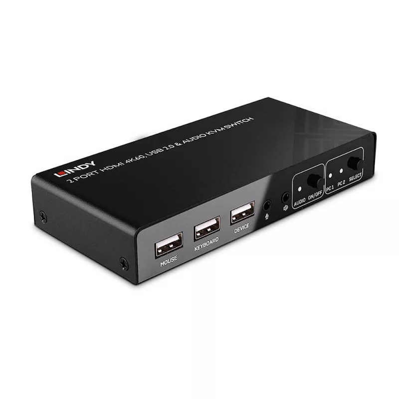 Lindy 2-poorts HDMI 4K60, USB 2.0 en audio KVM-switch, 4096 x 2160 pixels, 4K Ultra HD, zwart