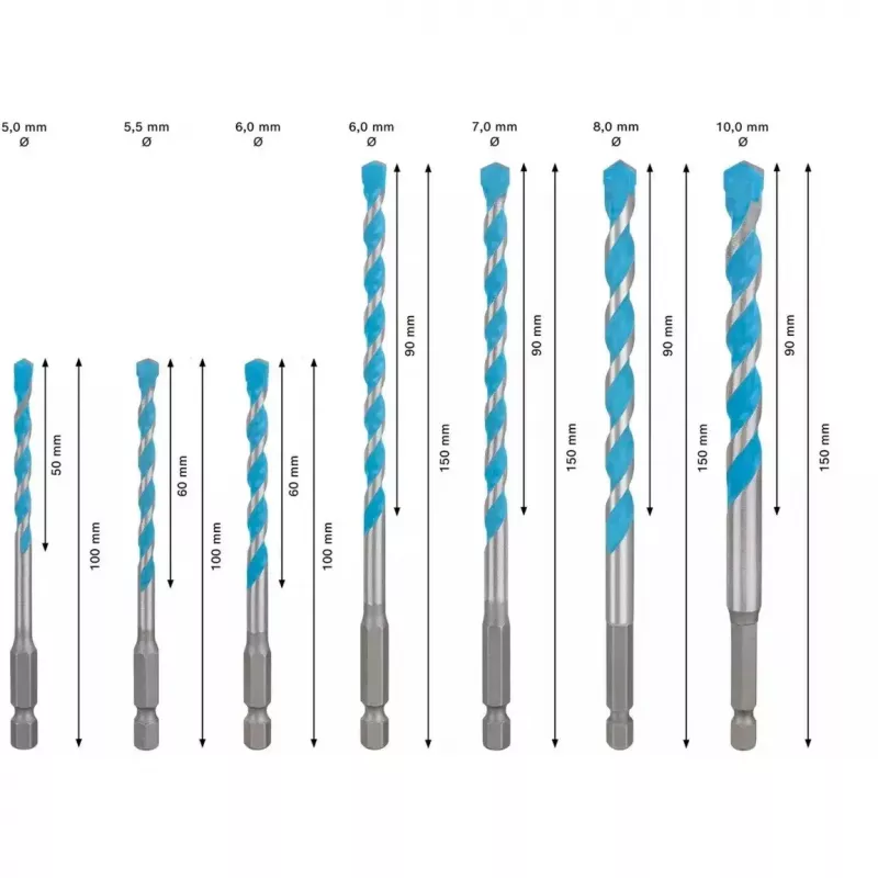 Borenset Bosch EXPERT HEX-9 MultiConstruction, 7 stuks (Ø5, 5.5, 6, 7, 8, 10 mm)