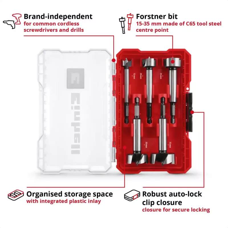 Forstnerborenset Einhell-KWB 5-delig, rood/transparant, 1/4 inch schacht, M-CASE (MPN 706003)