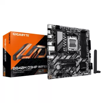 GIGABYTE B840M D3HP WIFI6E Micro ATX moederbord — AMD socket AM5, B840, 4x DDR5 tot 8200MHz OC, 2x PCIe 4.0 M.2, Wi‑Fi 6E, 1GbE