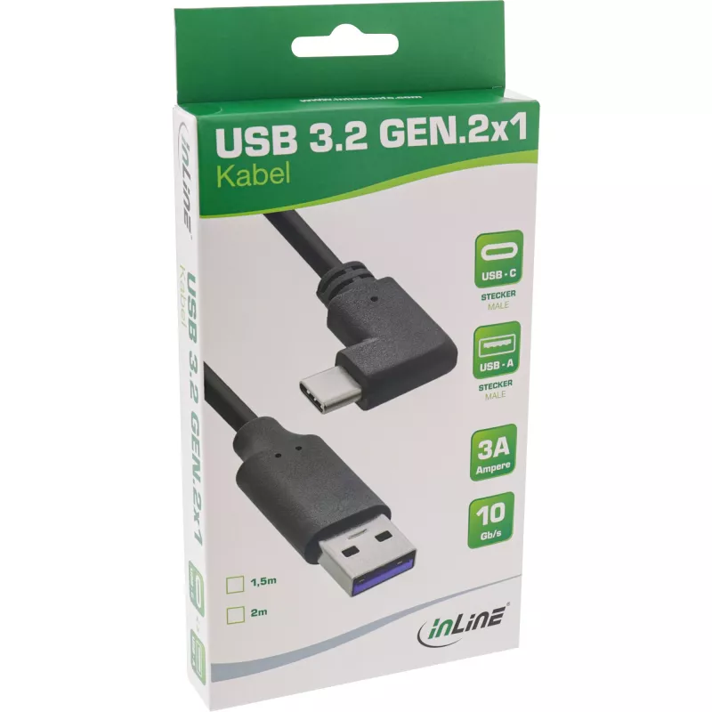 InLine USB 3.2 kabel, USB-C stekker gehoekt naar USB-A stekker, zwart, 2m