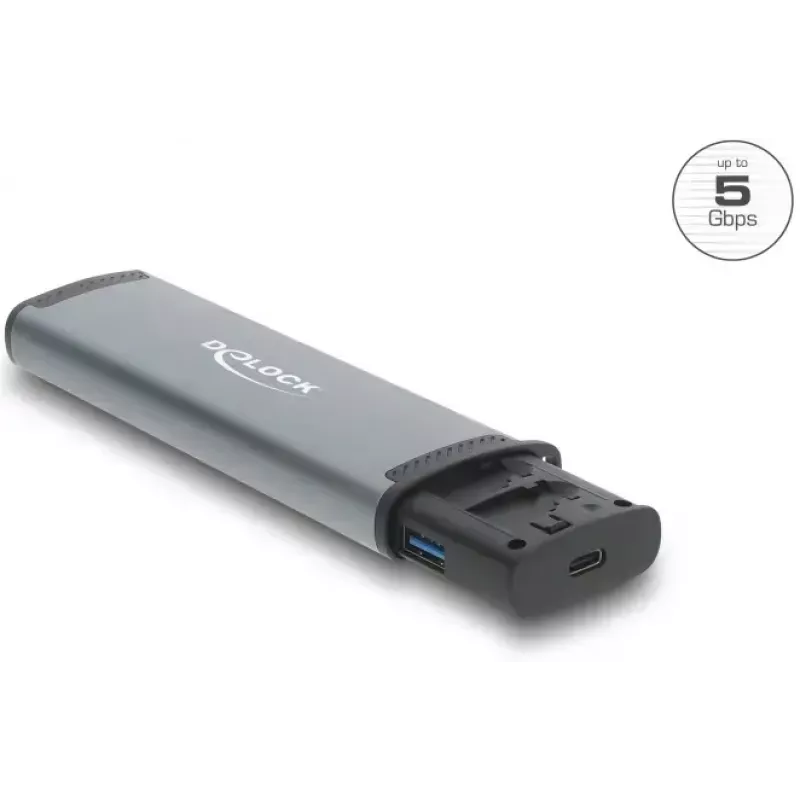 Kaartlezer DELOCK USB 5 Gbps met SD- en microSD-sleuven, USB 3.2 Gen 1 Type-A/Type-C, kabel en adapter, zwart/grijs