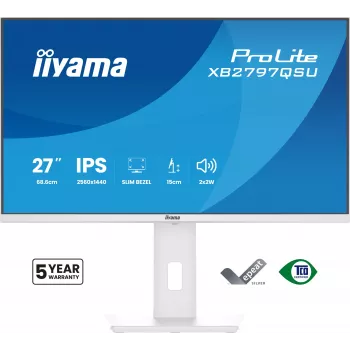 27 inch IIYAMA ProLite XB2797QSU-W1 IPS Quad HD (2560x1440) LED-monitor, 178° kijkhoek, USB 3.2 hub, luidsprekers, VESA, in hoogte verstelbaar, wit