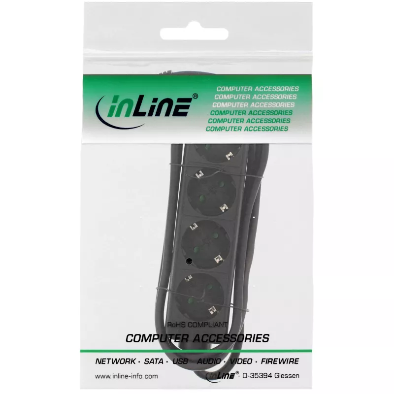 InLine Stekkerdoos, 4-voudig randaarde CEE 7/3, zwart, 1,5 m