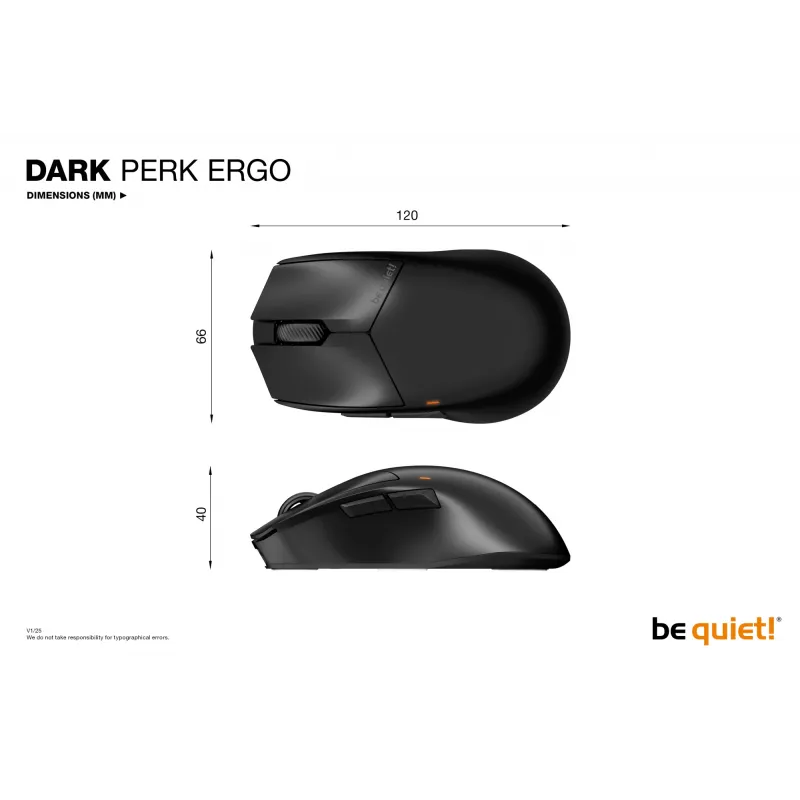 be quiet Dark Perk | Ergo muis gaming rechtshandig RF draadloos + USB Type-C optisch 32000 DPI