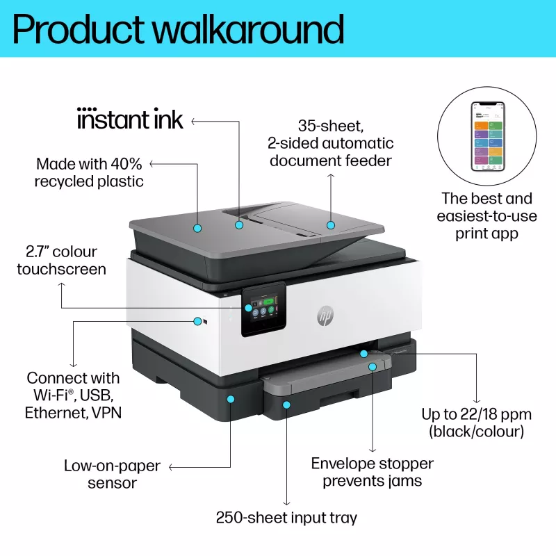 HP OfficeJet Pro 9122e draadloze all-in-one kleurenprinter, Instant Ink; dubbelzijdig printen