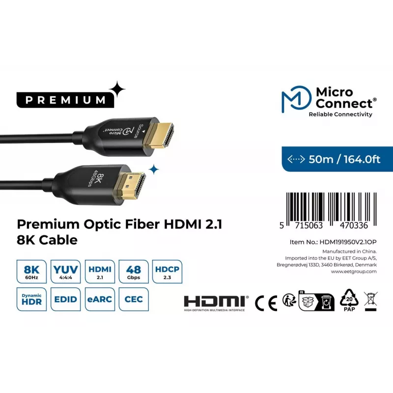 HDMI-kabel Microconnect HDM191950V2.1OP 2.1 4K 60Hz 8K 120Hz