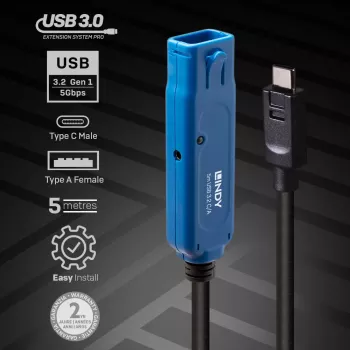 Lindy 5m USB 3.2 Gen 1 C/A Active Extension Pro, 5 m, USB-C, USB-A, USB 3.2 Gen 1 (3.1 Gen 1), zwart