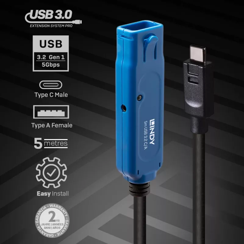 Lindy 5m USB 3.2 Gen 1 C/A Active Extension Pro, 5 m, USB-C, USB-A, USB 3.2 Gen 1 (3.1 Gen 1), zwart