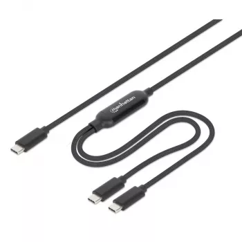 Manhattan dubbele USB-C-naar-USB-C-oplaadkabel, 100 W, 2 m, stekker naar twee stekkers, slimme splitterkabel, laadt twee apparaten via één USB-C-PD-aansluiting, levert tot 100 W bij enkelvoudig laden en tot 70 W + 28 W bij dubbel laden, gevlochten kabel, aluminium stekkers, zwart