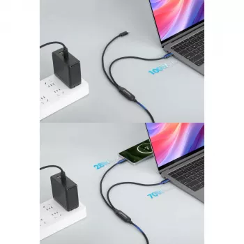 Manhattan dubbele USB-C-naar-USB-C-oplaadkabel, 100 W, 2 m, stekker naar twee stekkers, slimme splitterkabel, laadt twee apparaten via één USB-C-PD-aansluiting, levert tot 100 W bij enkelvoudig laden en tot 70 W + 28 W bij dubbel laden, gevlochten kabel, aluminium stekkers, zwart