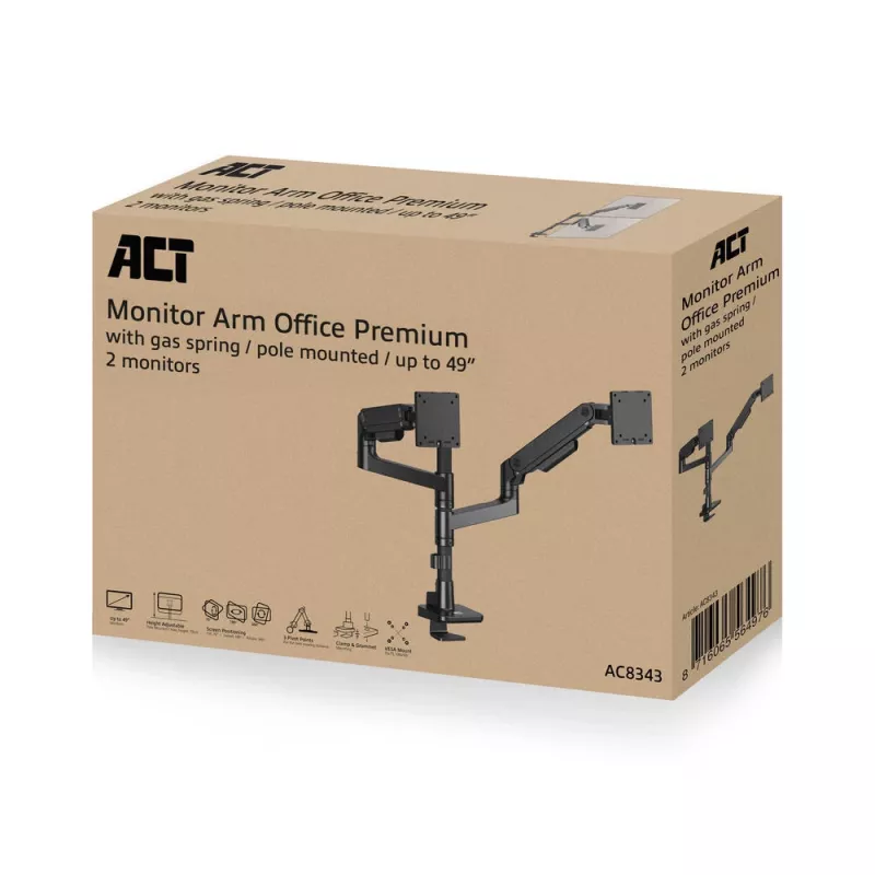 ACT monitorarm 49 inch Office Premium, gasveer, mastmontage, 2 monitoren