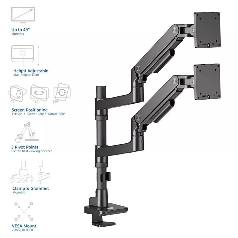 ACT monitorarm 49 inch Office Premium, gasveer, mastmontage, 2 monitoren