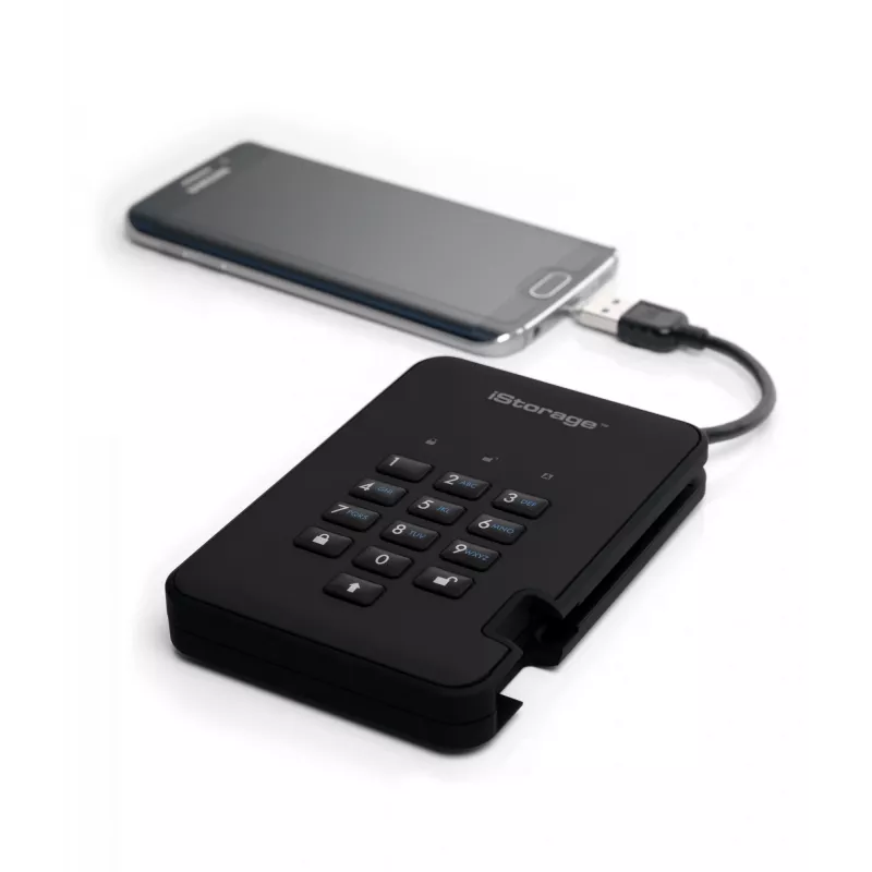 iStorage diskAshur² HDD 5TB zwart | veilige draagbare harde schijf | AES-XTS 256-bits hardwareversleuteling | PIN-beveiligd | besturingssysteem- en platformonafhankelijk | TAA-conform | bescherming tegen brute force-aanvallen | stof- en waterbestendig