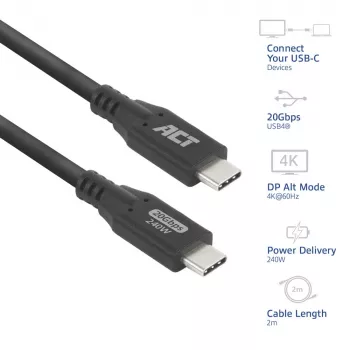 ACT USB4 20Gbps 240W USB Type-C-kabel, 2 meter, 2 m, USB C, USB C, USB4 Gen 2x2, 20 Gbit/s, zwart