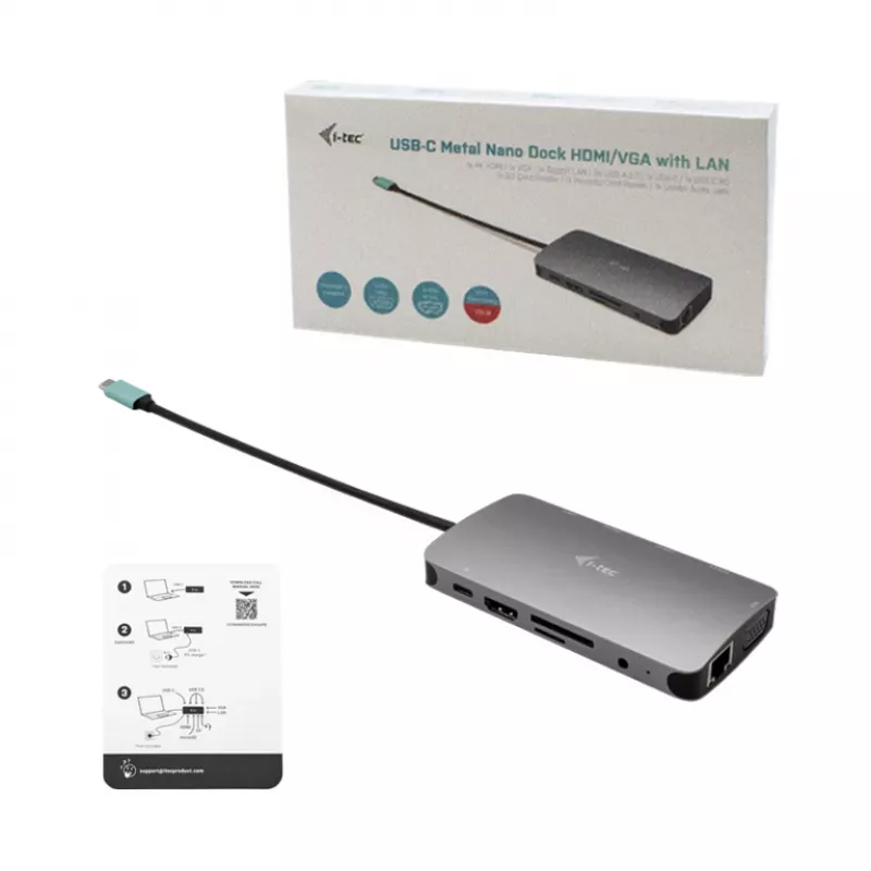 i-tec Metal USB-C Nano Dock HDMI/VGA met LAN + universele oplader 77 W