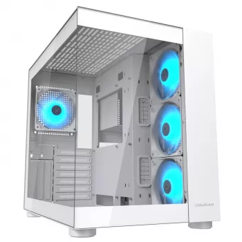 PC-midi-tower behuizing Cougar FV150 ARGB wit — ATX/Micro-ATX/Mini-ITX, 3x120mm voor, 1x120mm achter, 2x3,5-inch + 2x2,5-inch bays, USB 3.2 Gen1