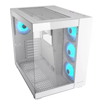 PC-midi-tower behuizing Cougar FV150 ARGB wit — ATX/Micro-ATX/Mini-ITX, 3x120mm voor, 1x120mm achter, 2x3,5-inch + 2x2,5-inch bays, USB 3.2 Gen1